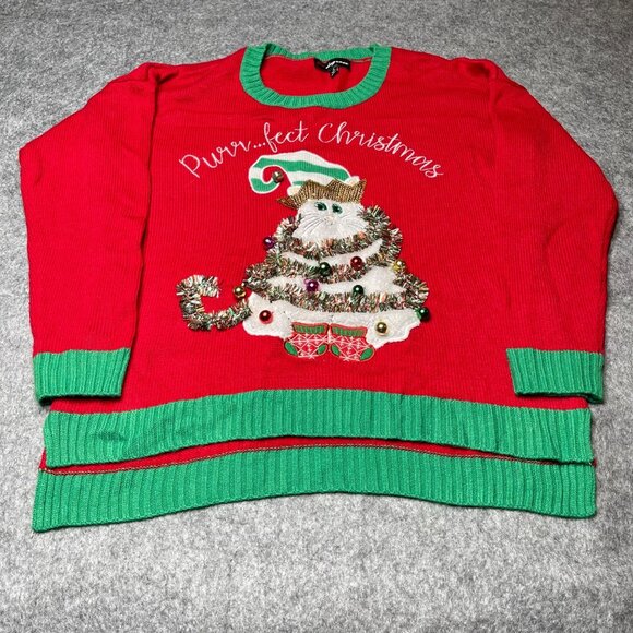 33 Degrees Sz L Purr-fect Christmas Cat Sweater With Faux Fur & Lights Red Green - Picture 1 of 9